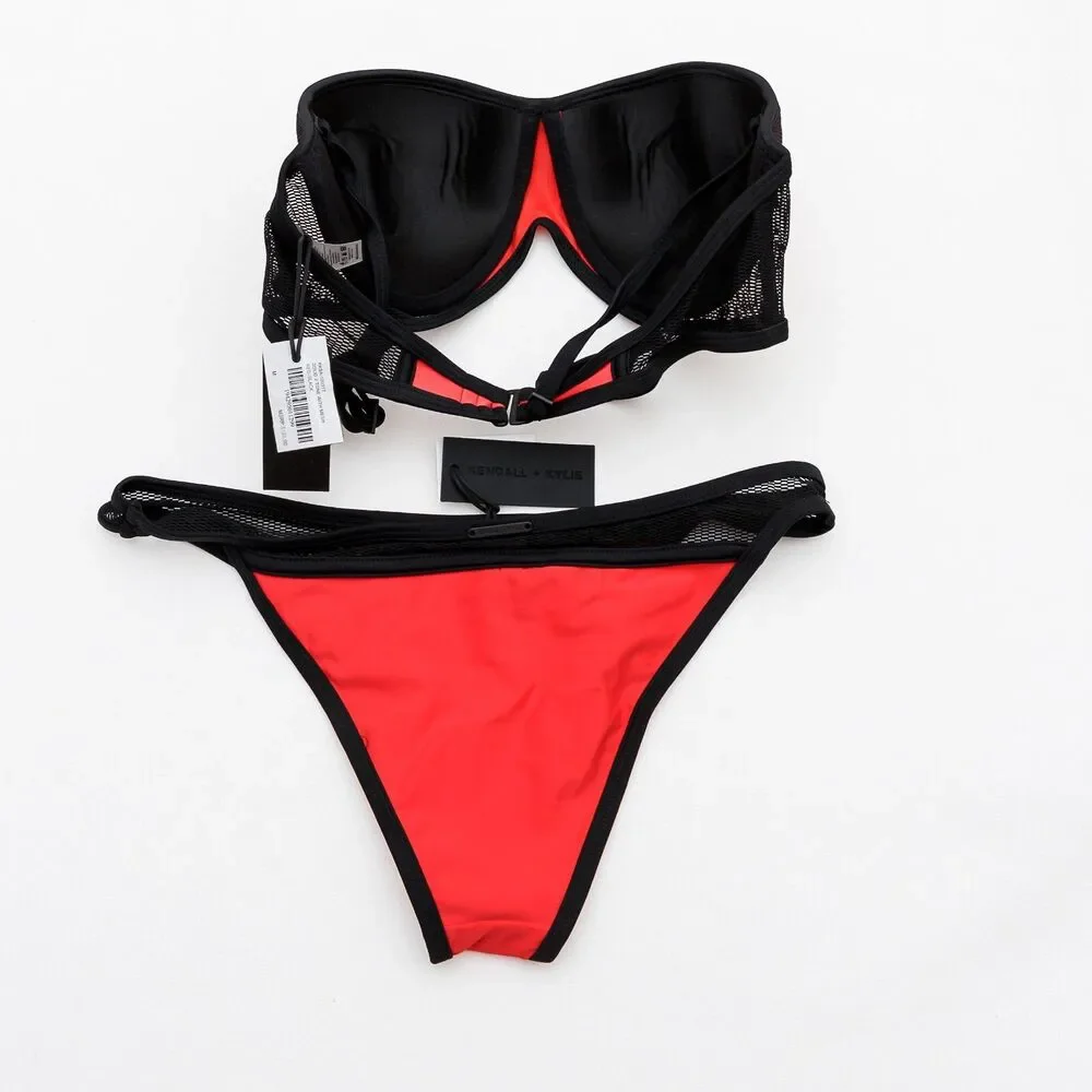 Kendall + Kylie Red and Black Bikini - Solid 2 Tone with Black Mesh‎ Sz Medium